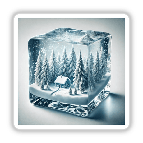 Winter’s Heart - Frozen Forest Inside an Ice Cube: A serene glass cube featuring a cozy cabin and snow-covered trees, evoking the tranquil beauty of a winter wonderland.