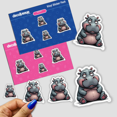 Grumpy Chubby Hippo sticker pack featuring cartoon hippos in various poses, held in a hand.