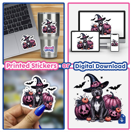 Halloween Pitbull Dog sticker with a hat and pink glitter pumpkins, shown on a laptop and cup, available at Decal Venue.