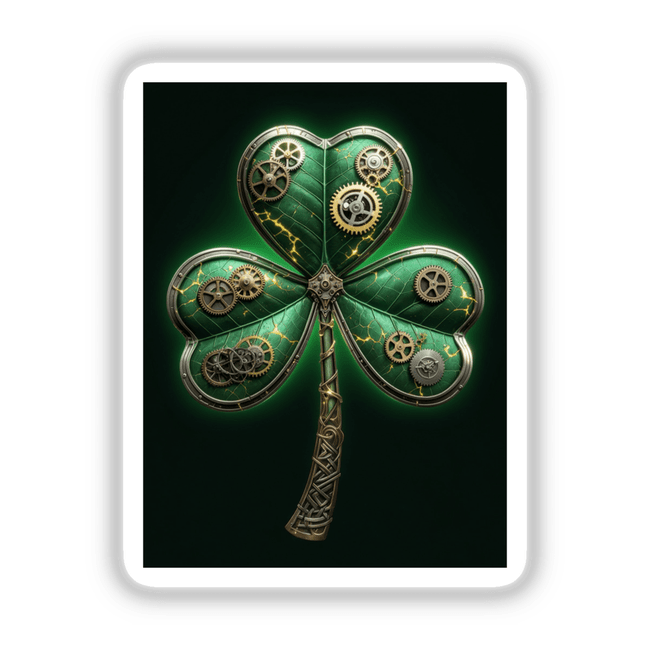 Steampunk Shamrock – Green Clover with Gears and Metal Accents, featuring intricate gear details, available as stickers or digital artwork from Decal Venue, known for unique vinyl stickers and digital art.