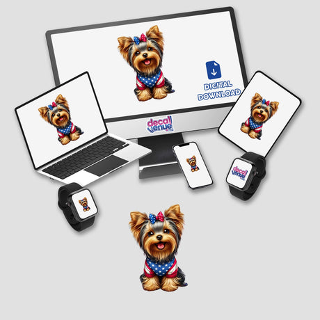 Patriotic 4th of July Yorkie Dog digital artwork featured across multiple digital devices and products