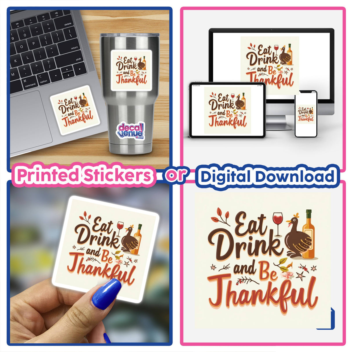 Eat, Drink, and Be Thankful Thanksgiving Sticker or Clipart featuring festive elements like laptops and Thanksgiving messages, ideal for digital art enthusiasts or sticker collectors seeking unique designs.