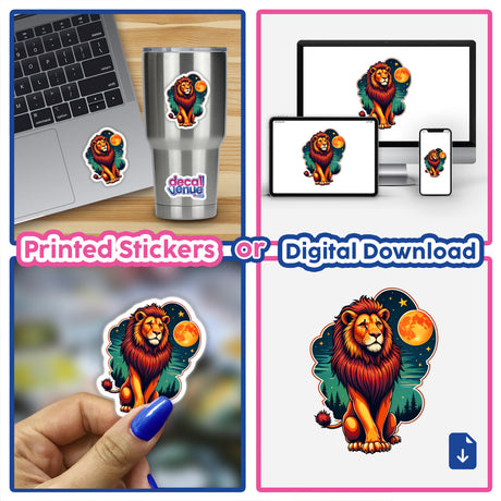 Collage of 'Cool Lion With A Starry Night' stickers and digital artwork, featuring a lion with a red mane, moon, and cartoon elements on various surfaces like laptops and cups.