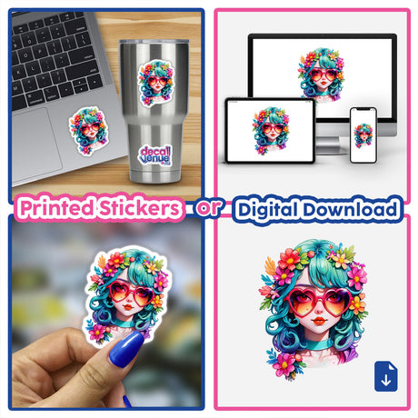 Adorable Girl in Heart Sunglasses Sticker - Trendy Kawaii Fashion Design, featuring a cartoon girl with flowers in her hair, perfect for laptops, cups, and more.