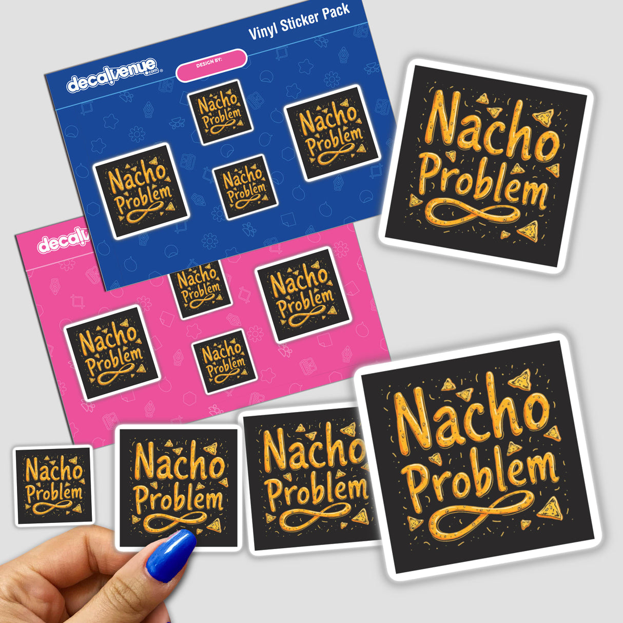 Hand holding the Nacho Problem - Funny Nacho Lover Sticker, featuring playful designs ideal for snack fans, available as stickers or digital artwork, perfect for personal or commercial use.