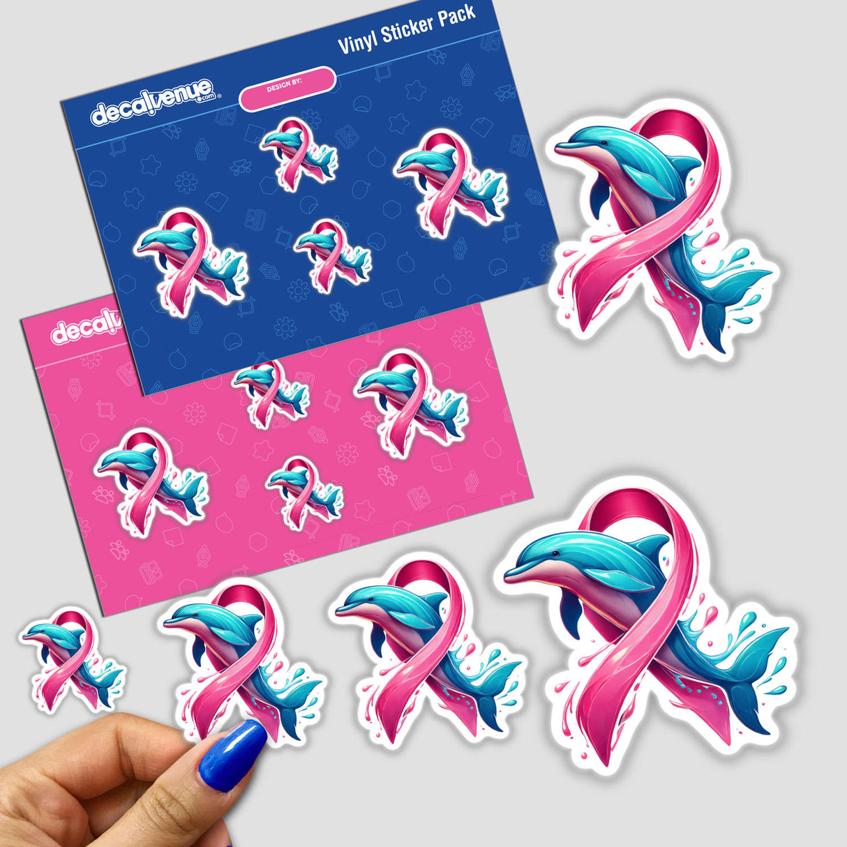 Pink Ribbon Dolphin Breast Cancer stickers featuring cartoon dolphins with pink ribbons. Available as individual stickers or in a sticker pack.