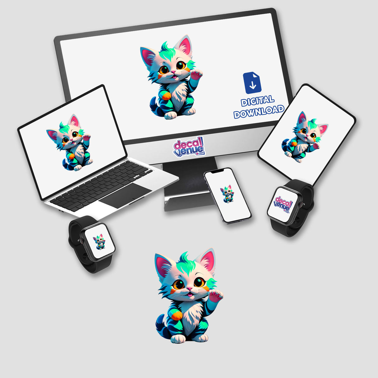 A Cute Little Kitten cartoon displayed on a computer monitor and laptop, highlighting its availability as stickers or digital artwork from Decal Venue.