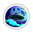 UFO illustration with a moon backdrop, available as stickers or digital artwork, titled A UFO In Front Of A Moon from Decal Venue's unique art collection.