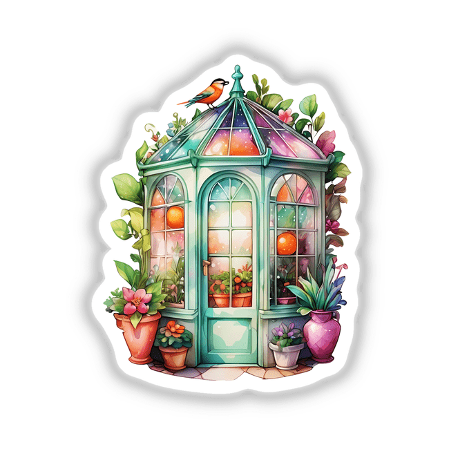 Romantic Garden Gazebo Sticker | Whimsical Floral Illustration featuring a cartoon greenhouse with plants, a colorful bird perched on top, and various potted plants, available as stickers or digital artwork.