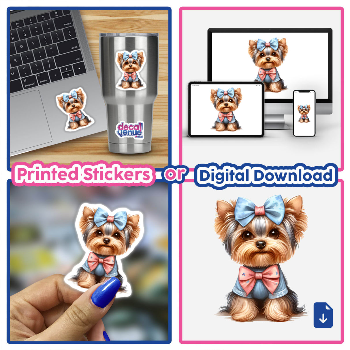 Cute Yorkie dog wearing bows, digital artwork displayed on various devices and printed stickers