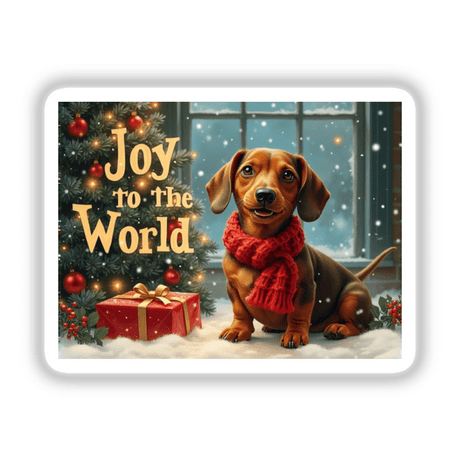 Joy to the World Dachshund Christmas Sticker and Clipart: A dachshund in a scarf near a Christmas tree, available as unique stickers or digital art with commercial rights.