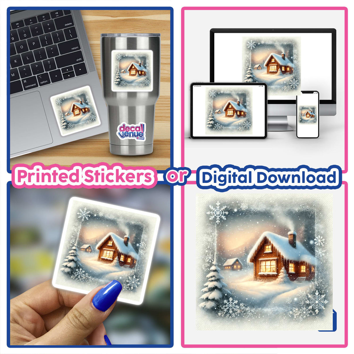 Snowy Window View - Cozy Cabin and Falling Snow Watercolor collage featuring a house, laptop, and close-up details, available as stickers or digital artwork from Decal Venue.