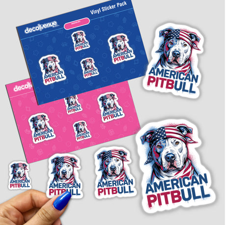 American Pitbull Dog with Flag Bandana sticker held by a hand with blue nail polish, surrounded by various dog-themed stickers. Available as stickers or digital artwork from Decal Venue.