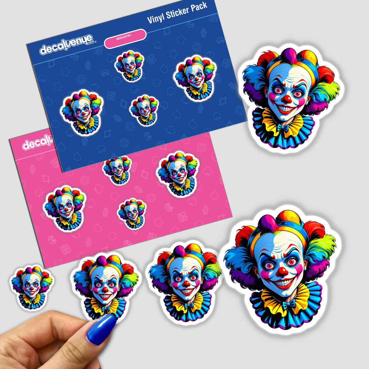 A Crazy Clown Girl sticker, featuring a cartoon clown face with colorful hair, held by a hand. Part of Decal Venue's unique sticker and digital art collection.