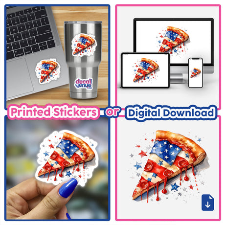 Patriotic pizza digital artwork and stickers with star-spangled design, available as a downloadable image or printed stickers from Decal Venue's online store.