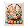 Cute Easter Bunny in a basket with eggs, featured as stickers or digital art, capturing a playful rabbit amid decorative eggs, embodying a festive and whimsical theme.