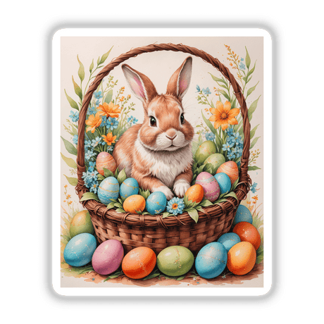 Cute Easter Bunny in a basket with eggs, featured as stickers or digital art, capturing a playful rabbit amid decorative eggs, embodying a festive and whimsical theme.