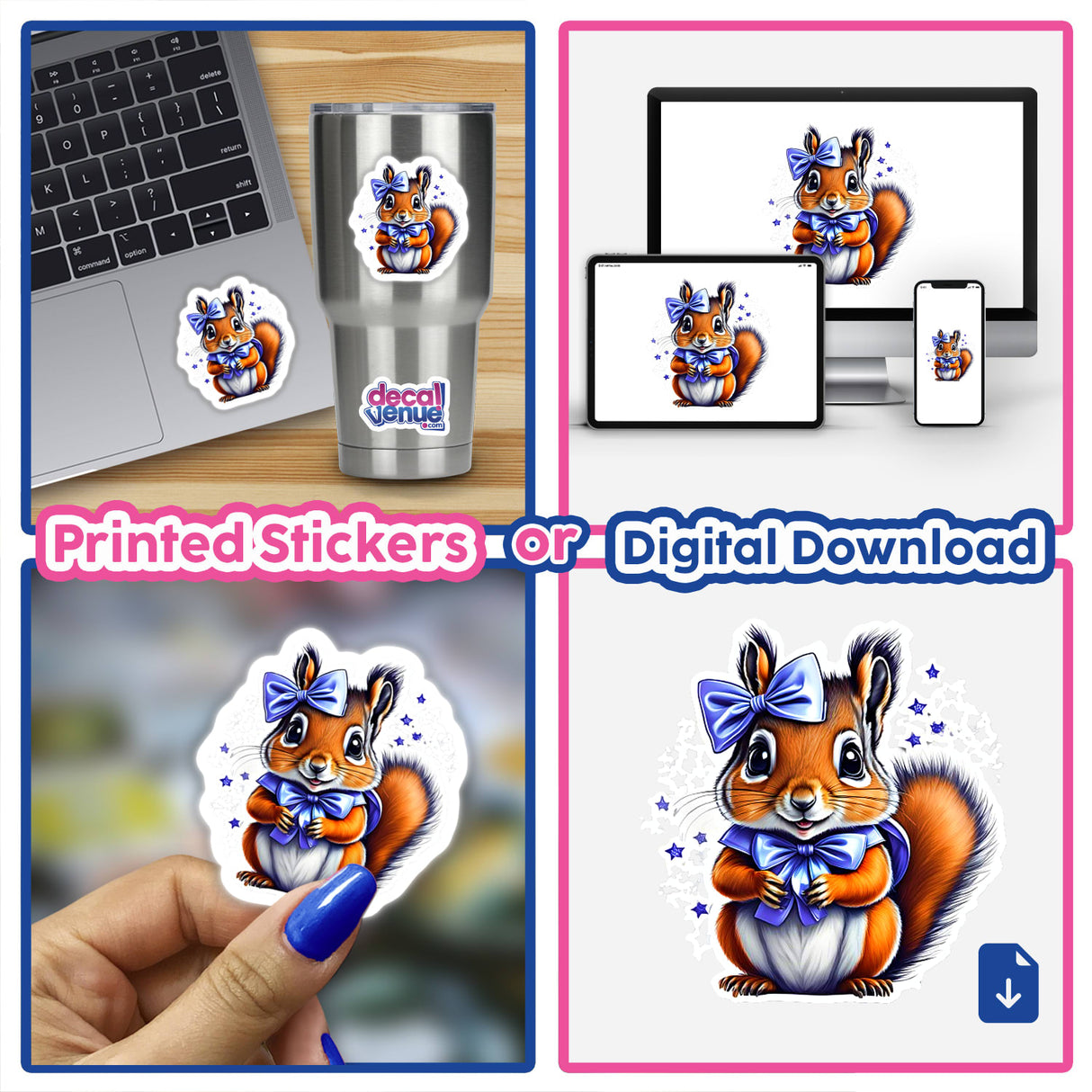 Collage showcasing a laptop adorned with a Baby Squirrel sticker, a close-up of a hand holding the same sticker, and multiple views of the cartoon squirrel with a blue bow.