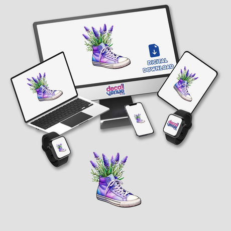 Lavender Bouquet in High-Top Sneakers depicted as digital artwork on a computer monitor and laptop screen.