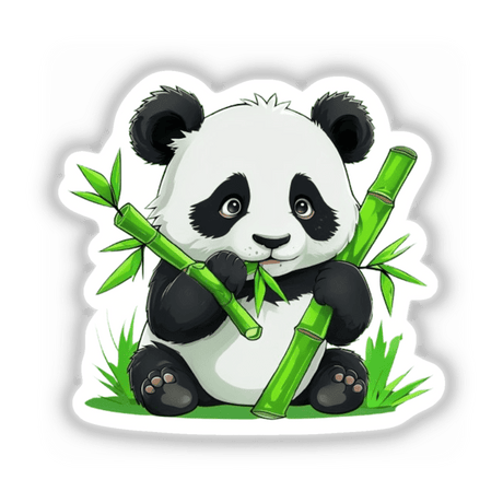 Chibi Panda with Bamboo Sticker showcases a cute cartoon panda holding bamboo, perfect for decals or digital clipart. Ideal for commercial use from Decal Venue's unique sticker collection.