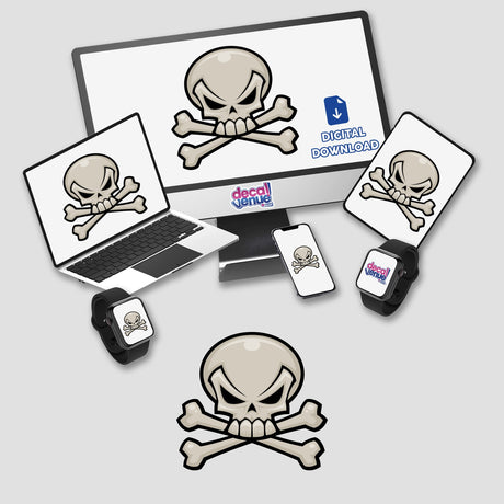 Skull and Crossbones sticker featuring digital art with a skull and crossbones on screens and devices, perfect for decorating laptops and gadgets.