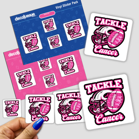 Gold Breast Cancer Series 5 sticker featuring a hand holding a sticker with a football helmet design, surrounded by other similar stickers.