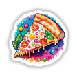 Melting pizza slice with vibrant toppings, available as stickers or digital artwork.