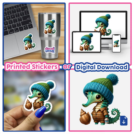 Whimsical digital artwork featuring a charming seahorse gnome with a seashell, showcased on various devices and products from Decal Venue's collection of unique stickers and downloadable designs.