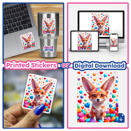 A Cute Fennec Fox With Love Hearts sticker collage featuring a laptop adorned with the adorable fox design, emphasizing its charm as both a sticker and digital artwork.