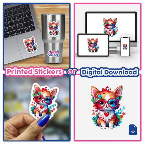 Cute Kitty with Red Heart Glasses sticker displayed on a laptop and a cup, showcasing its versatility for different surfaces.