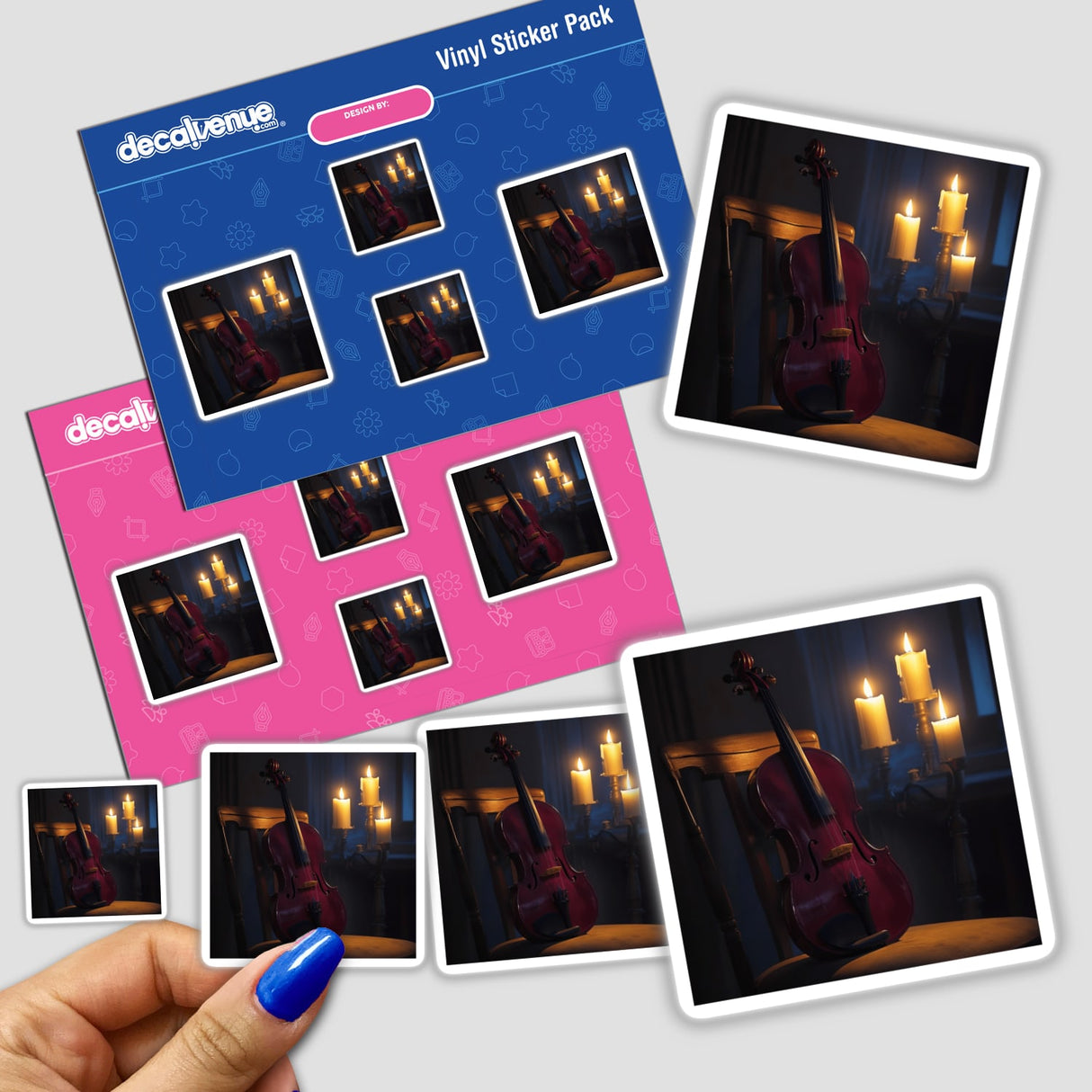 Sticker pack titled Viola in a Candlelit Room | Dark Academia Music Sticker, featuring violin designs, held in a hand, highlighting the unique theme of musical artistry in a candlelit setting.