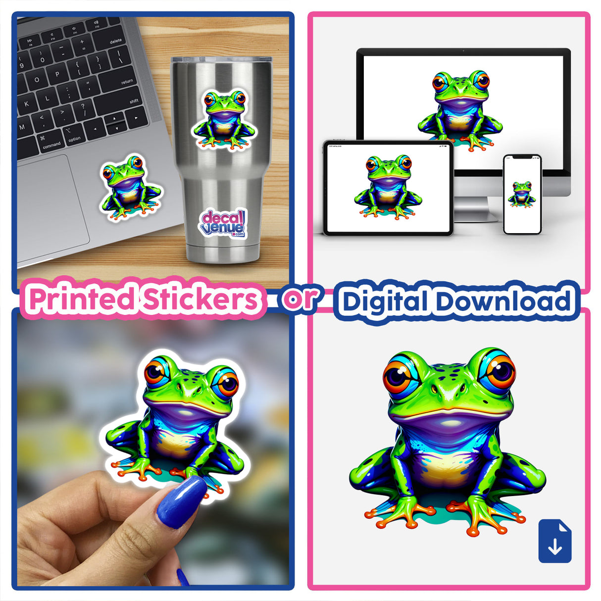 A Colorful Jungle Frog sticker displayed on a laptop and cup. The cartoon-style frog is also available as a digital download, reflecting Decal Venue's unique stickers and digital art collection.