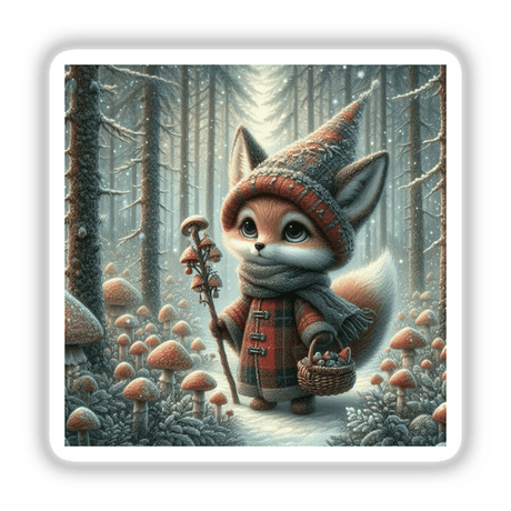 Foxy Forager: A whimsical cartoon fox in a hat and scarf, holding a basket of mushrooms, available as stickers or digital artwork from Decal Venue.