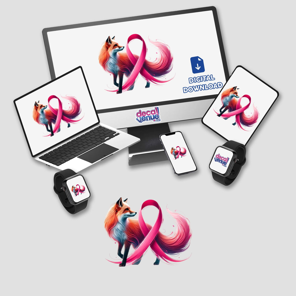 Fox Pink Ribbon Breast Cancer digital artwork displayed on laptop and monitor screens, featuring a fox with a pink ribbon. Available as stickers or digital art.