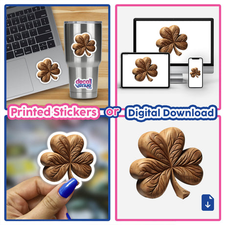 Carved Wood Shamrock collage featuring a carved wooden clover, clover on a laptop, and hand-held carved shamrock, available as stickers or digital artwork at Decal Venue.