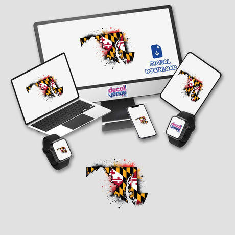 State Outline Maryland Flag IV artwork featuring Maryland's state outline and flag on a computer monitor, laptop, and phone, showcasing vibrant digital art and sticker format options.