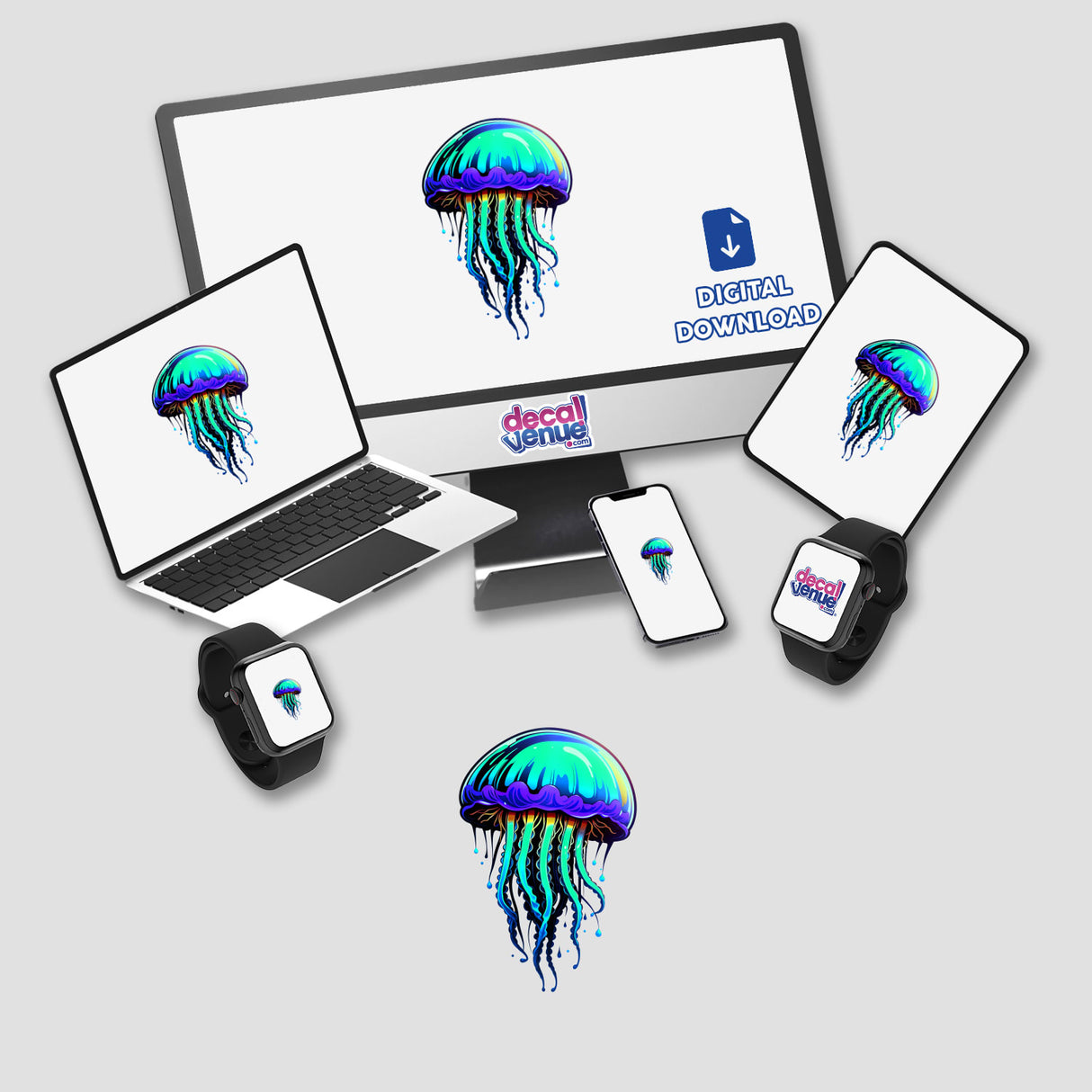 A Blue Jellyfish depicted on a computer monitor and laptop screen, showcasing intricate tentacles, available as stickers or digital artwork from Decal Venue.