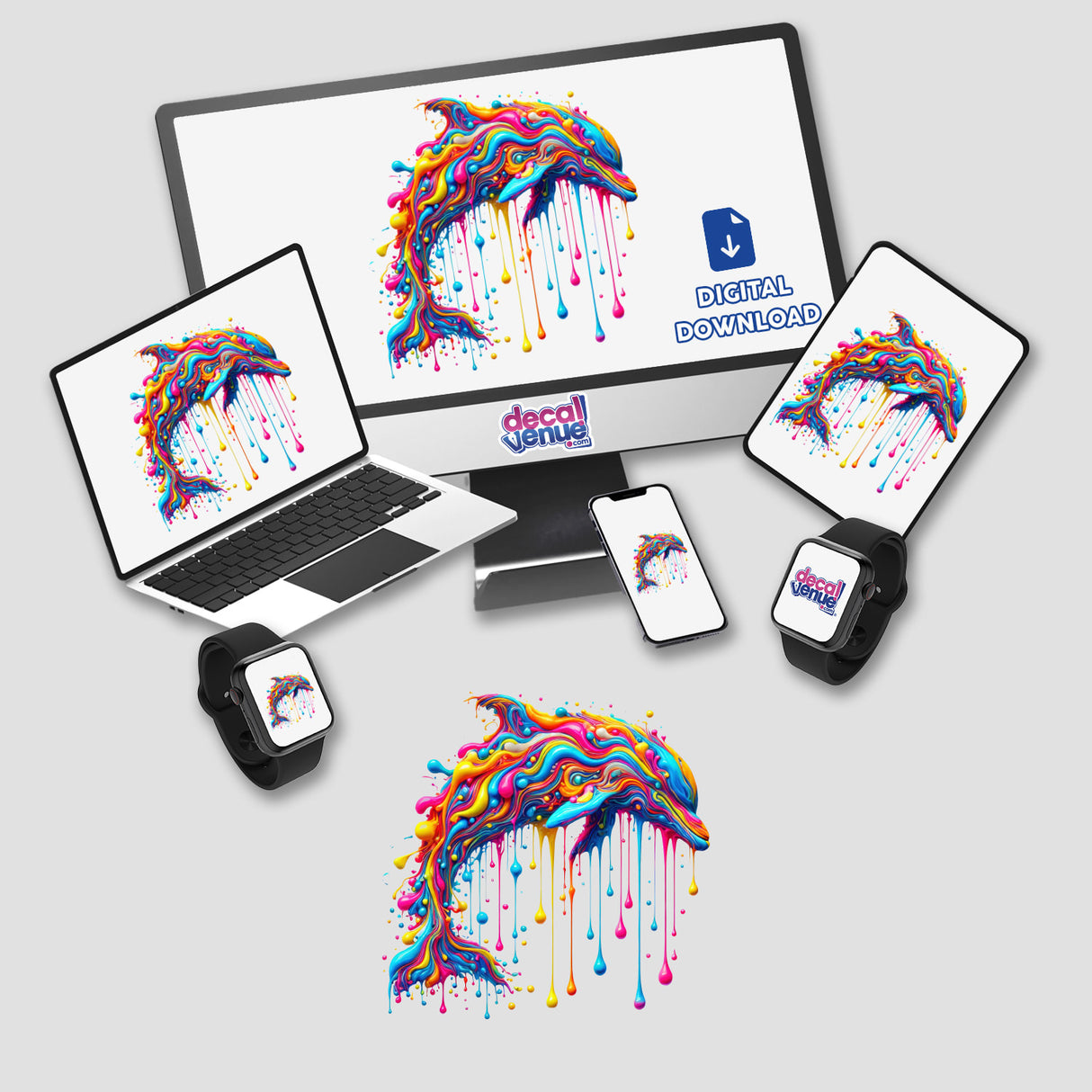 Dripping Rainbow Dolphin - Psychedelic Fluid artwork displayed across a computer monitor, laptop, and tablet, showcasing vibrant, colorful dolphin designs, available as unique stickers or digital artwork.