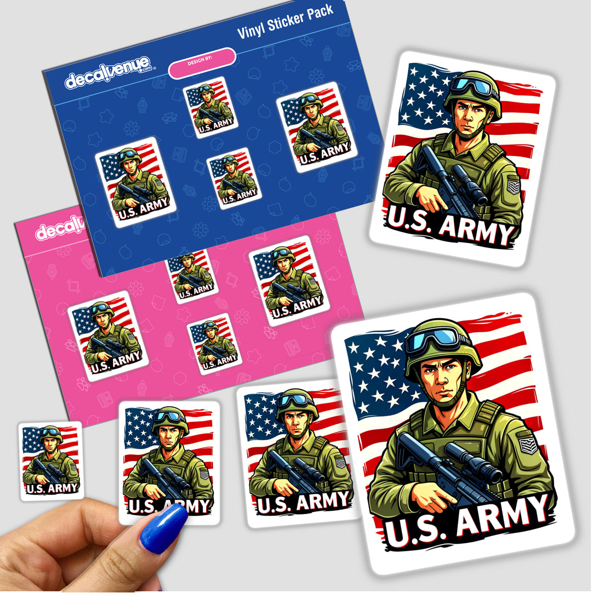 U.S. Army - American Soldier With Flag sticker, featuring a cartoon of military men holding guns alongside an American flag, available as stickers or digital artwork from Decal Venue.