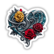 Heart With Silver Swirls, Red and Yellow Roses, and Blue Glitter Accents depicted in vibrant detail, available as stickers or digital artwork from Decal Venue. Perfect for Valentine's Day themes or decorative art.