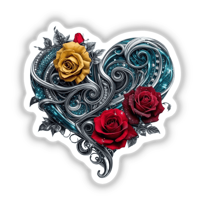 Heart With Silver Swirls, Red and Yellow Roses, and Blue Glitter Accents depicted in vibrant detail, available as stickers or digital artwork from Decal Venue. Perfect for Valentine's Day themes or decorative art.