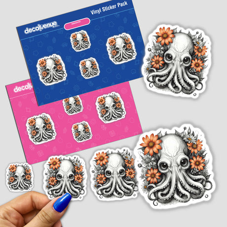 Octopus portrait with floral accents vinyl sticker pack from Decal Venue, a digital art and sticker store. The stickers feature an illustrated octopus surrounded by vibrant orange flowers against a dark background.