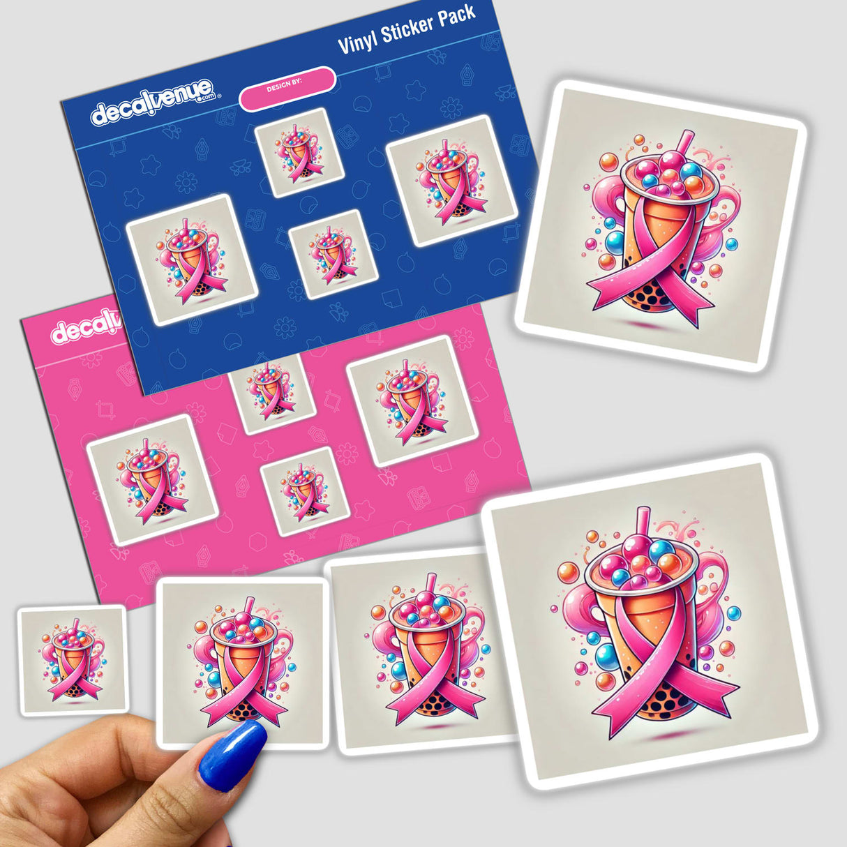 Boba Tea Pink Ribbon Breast Cancer Awareness stickers featuring cute bubble tea cartoons with pink ribbons. Available as both stickers and digital artwork.