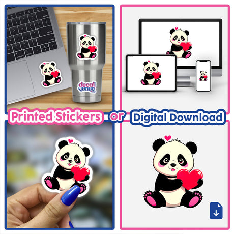 Cute panda bear sticker with love hearts, shown on a laptop. Available as stickers or digital artwork, perfect for adding charm to personal items.