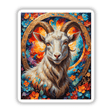 A painting titled A Cute Goat With Blooming Flowers depicting a goat adorned with vibrant flowers, available as stickers or digital artwork from Decal Venue.