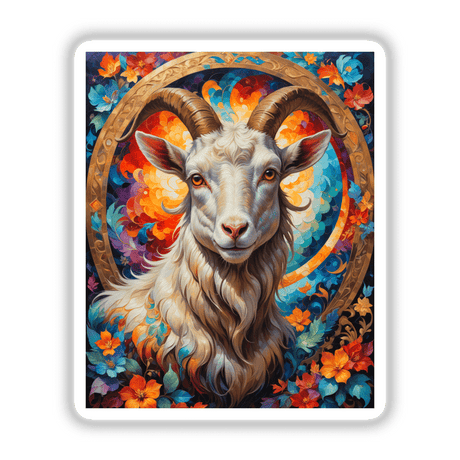 A painting titled A Cute Goat With Blooming Flowers depicting a goat adorned with vibrant flowers, available as stickers or digital artwork from Decal Venue.