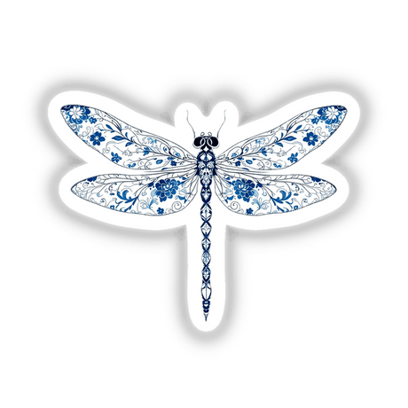 Chinoiserie Dragonfly sticker or digital artwork featuring a detailed blue and white dragonfly design, embodying Decal Venue's unique aesthetic of intricate and creative insect-themed art.