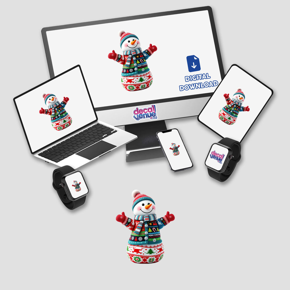 Snowman in Ugly Christmas Sweater displayed on a computer monitor and various devices, available as stickers or digital artwork, highlighting Decal Venue's unique sticker and digital art offerings.