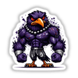 Muscular Purple Flocked Raven Football Bird cartoon, featuring red eyes and claws, depicted in a dynamic pose, available as stickers or digital artwork from Decal Venue.