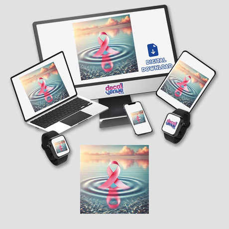 Healing Waters - Pink Ribbon Floating on a Calm Sea displayed on a computer monitor and laptop, available as unique stickers or digital artwork from Decal Venue.